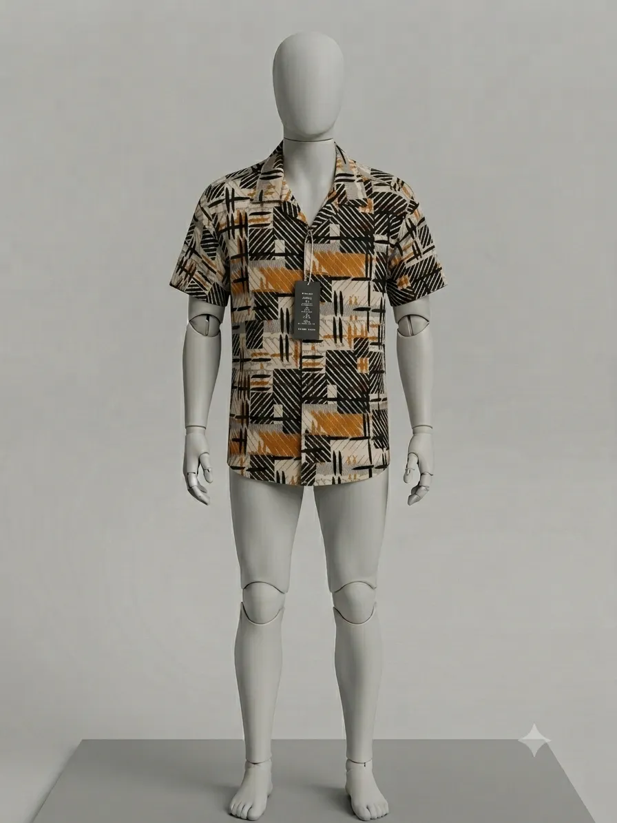 Geometric Abstract Crosshatch & Ochre Block Vintage Shirt